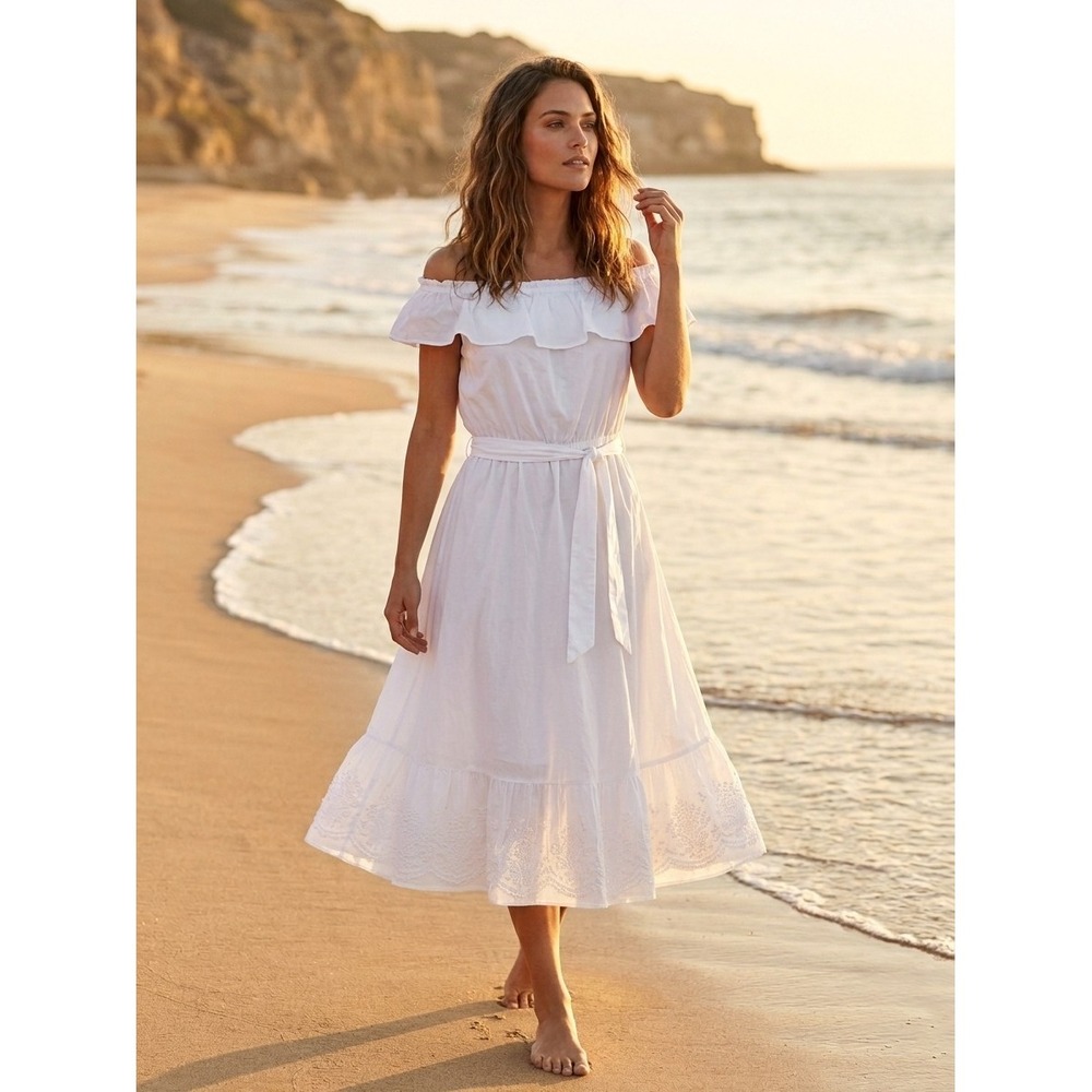 Lauren Ralph Lauren White Embroidered Cotton Off Shoulder Dress Size 14 New